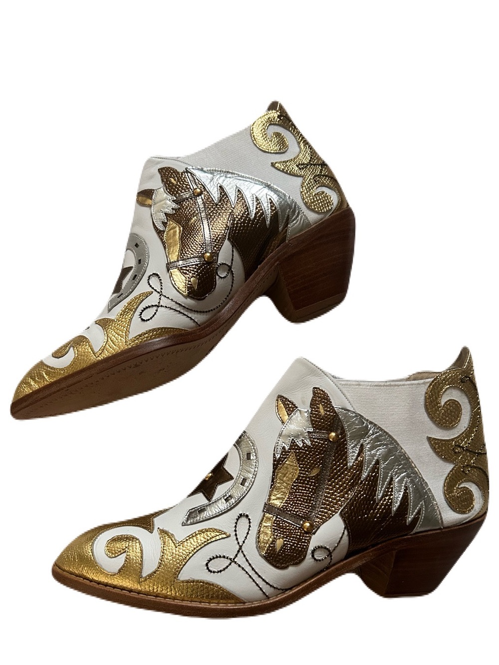 Rare Vintage Zalo Leather Horse Appliqué White and Gold Western Boots Size 7